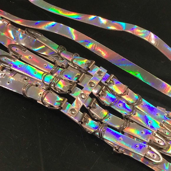 Holographic iridescent strap top belt buckle rave goth bikini festival sexy punk - Picture 3 of 7